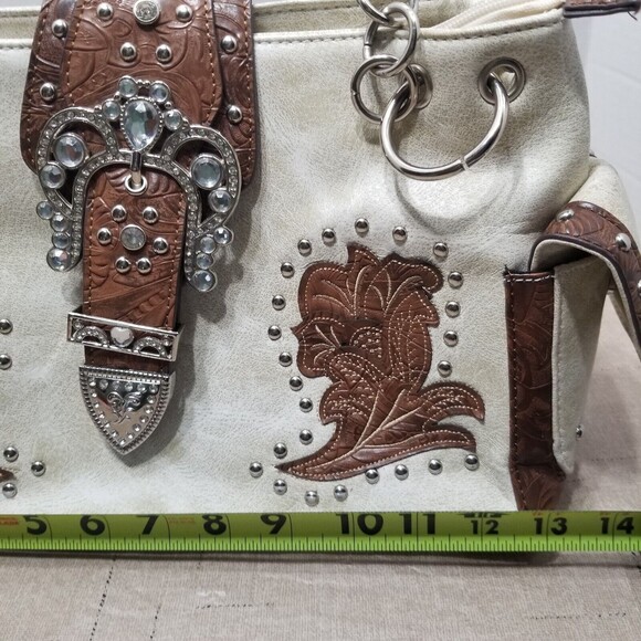 Western Rhinestone Brown Purse Leather Satchel Shoulder Bag Handbag Stud Bottom - Picture 4 of 12